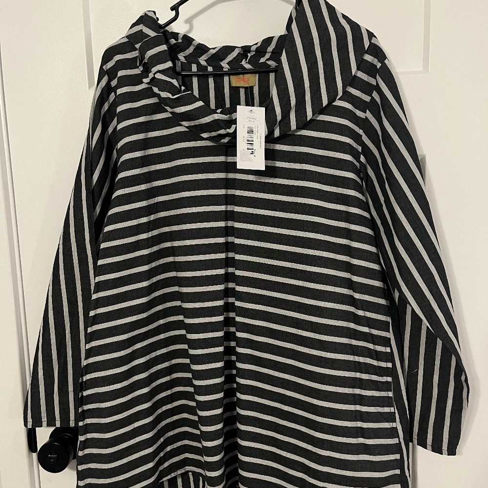 Tulip Women Black/Gray Striped Long Sleeve Tunic Top Lagenlook 100% Cotton M NWT